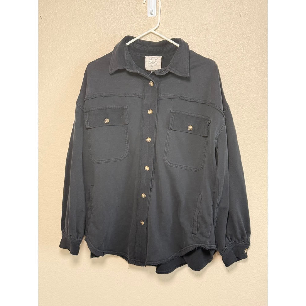 Fantastic Fawn Black Button Down Shacket Distressed Jersey Jacket Small Oversize